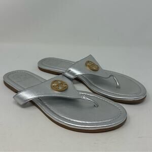 Tory Burch Benton Silver Flat Sandals Leather Size 7 Logo Shoes Designer